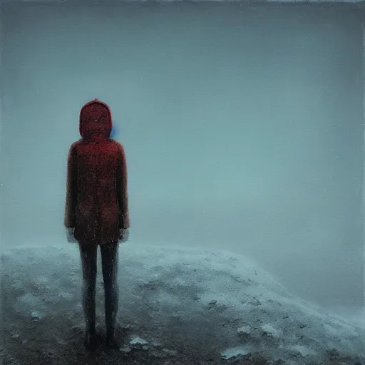 Prompt: a painting of a person standing in the snow, a surrealist painting by beksinski and by alena aenami, deviantart, nuclear art, dystopian art, apocalypse landscape, surrealist