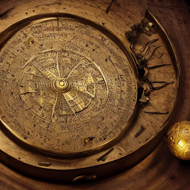 Prompt: a dramatically lit photo of an ancient, powerful brass and gold artifact round ball spherical astrolabe artifact sitting on a wooden table. the intricate, metal lace, detailed ball is covered in dials and ancient egyptian markings, with two arrows, glowing from within, filled with gears glimpsed inside, with a star - chart