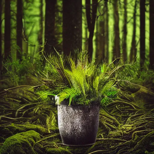 Image similar to a realistic dense forest on a pot, photography, focus