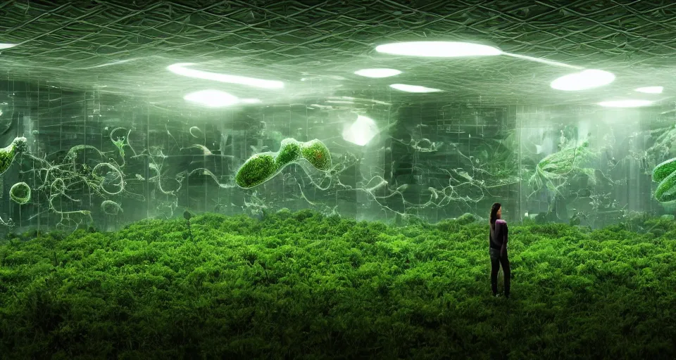 Prompt: a 1 8 mm photo of a scientist looking at a wall of green transparent bio - mechanical pods with different species of creatures inside, 4 k, unreal engine, concept art, matte painting, cosmic horror, nightmare,