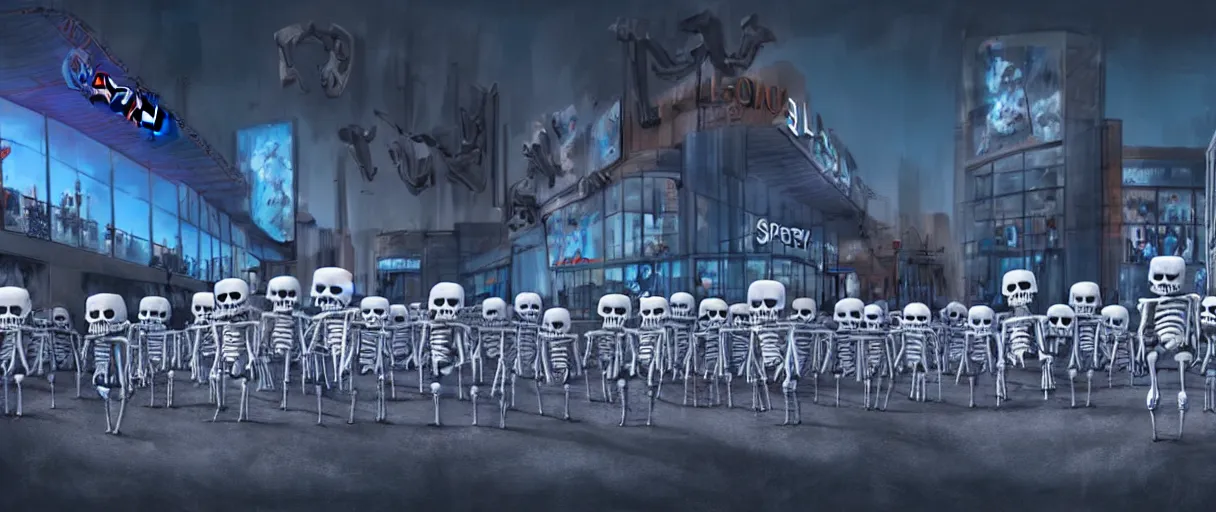 Image similar to hyperrealistic supercute skeleton army mall in background ute osterwald jason limon professional concept art dramatic blue lighting wide angle hd 8k sharp shallow depth of field