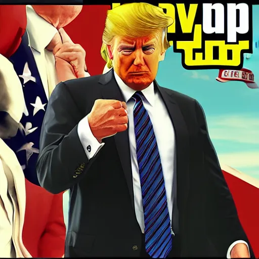 Prompt: Donald Trump in GTA V, cover art by Stephen Bliss, artstation