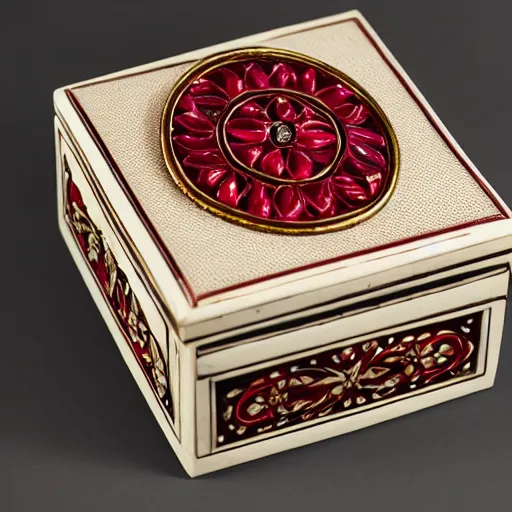 Image similar to carved ivory box with inlaid rubies, studio photography, black background