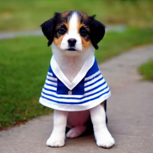 Prompt: a cute puppy wearing a sailor uniform