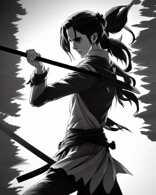 Prompt: a very detailed pencil drawing of emma watson in demon slayer manga panel, action lines, greg rutkowski, high resolution, dynamic pose, landscape, medium portrait, samurai outfit, action, hyper realistic, manga, koyoharu gotouge, sakuga