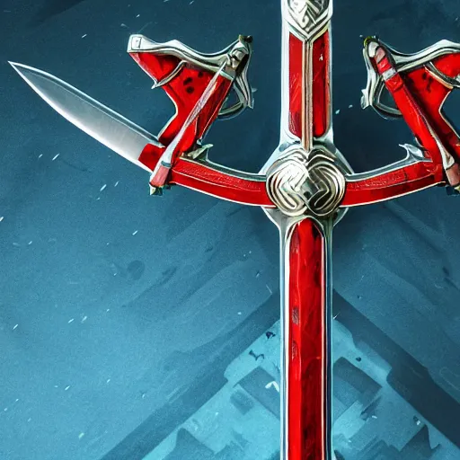 Image similar to symmetrical game - icon of giant medieval swords crossed, red powerful fantasy epic legends, game icon stylized, digital illustration radiating, a glowing aura, global illumination, ray tracing, 8 k high definition, intricate details, octane render, unreal engine, trending on arstation