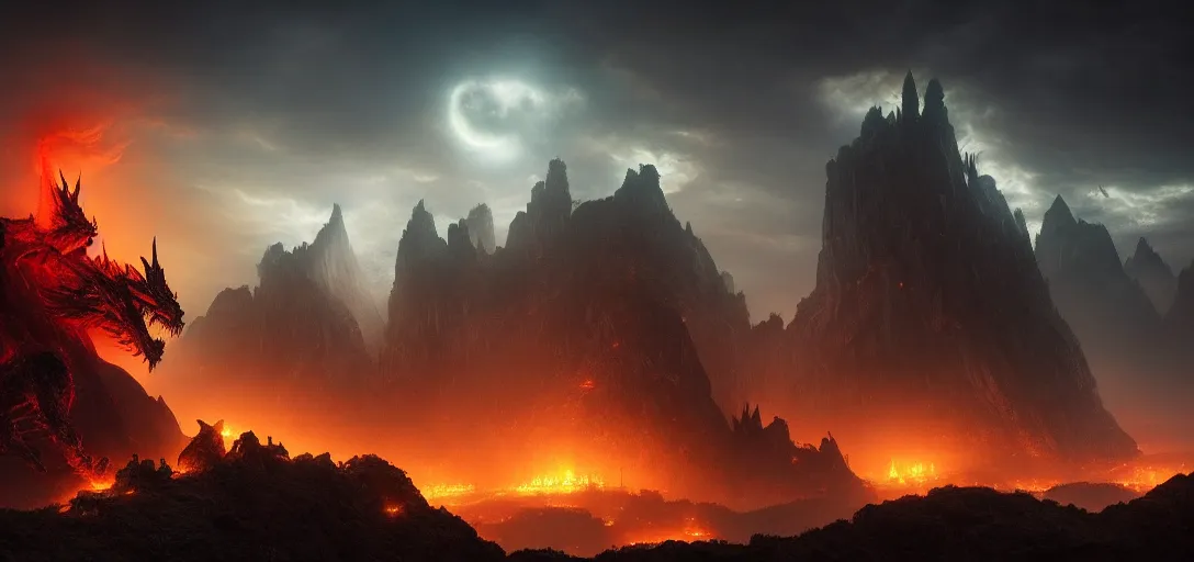 Image similar to giant glowing dragon breathing fire perched on a crumbling hillside of a gothic city in ruins at night, dramatic clouds, glowing fog, dramatic lighting, ultra detailed, sharp, ambient occlusion, raytracing, by greg rutowski, paul chadeisson and jessica rossier