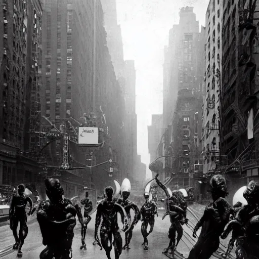 Image similar to old black and white photo, 1 9 1 3, depicting a xenomorph from the movie aliens rampaging through the bustling streets of new york city, historical record