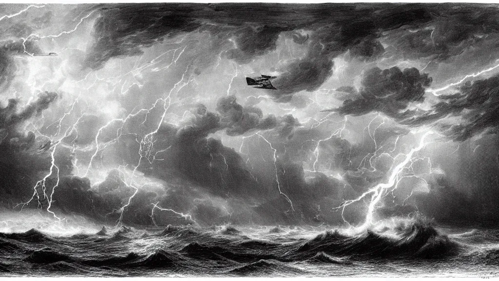 Image similar to drawing of an ornithopter flying through a lightning storm above a stormy ocean, by gustave dore, nineteenth century, black and white, vintage, science fiction, epic composition, dramatic lighting, highly detailed, cinematic