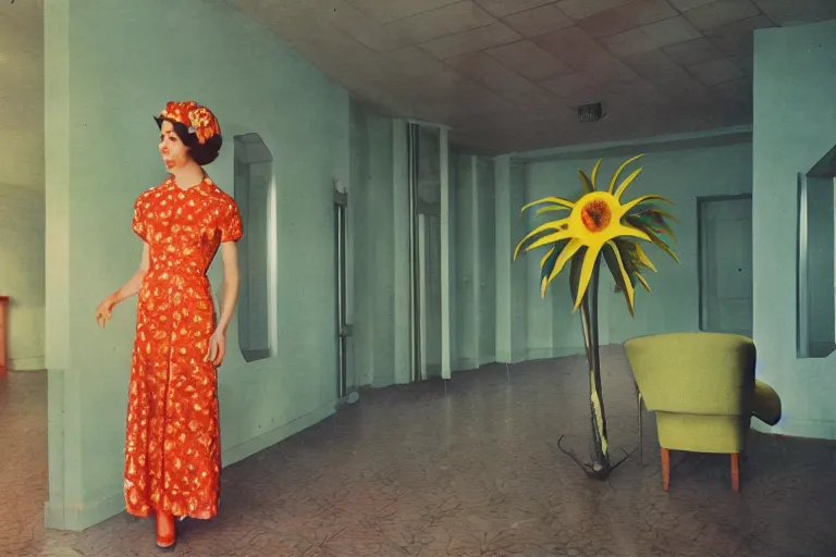 Image similar to giant flower head, girl walking in 1 9 6 0 s hotel, surreal, symmetry, mid century, fanciful, hue, detailed, wes anderson