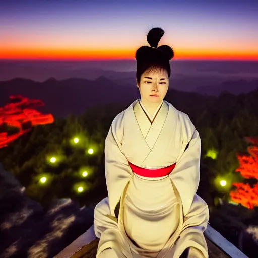 Image similar to photo of beautiful femal nina on top of a Japanese temple, night, cinematic, high detail, 8k,