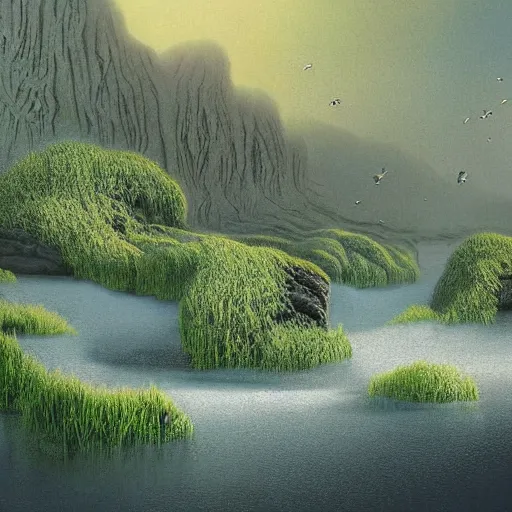 Prompt: artistic digital artwork of a lush natural scene on an alien planet. beautiful landscape by lurid ( 2 0 2 2 ), michael whelan, remedios varo, gerardo dottori. weird vegetation. cliffs and water. grainy and rough. interesting pastel colour palette. beautiful light. oil and water colour based on high quality render.