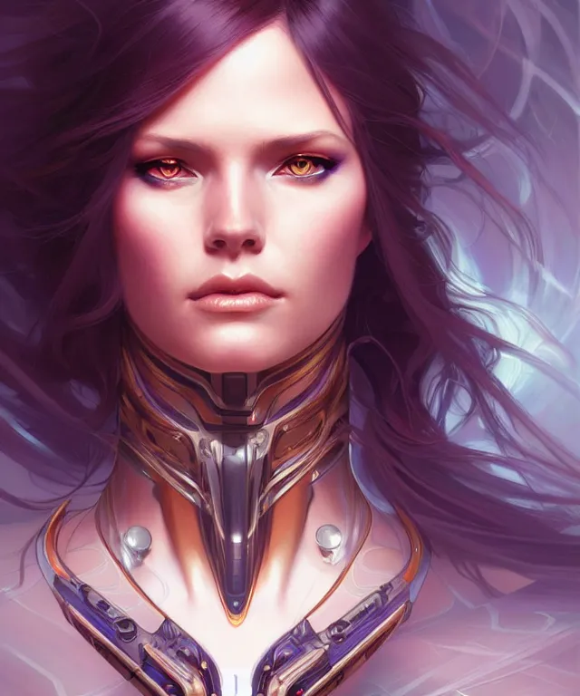 Image similar to futuristic woman portrait, sci-fi, amber eyes, face, long hair, fantasy, intricate, elegant, highly detailed, digital painting, artstation, concept art, smooth, sharp focus, illustration, art by artgerm and greg rutkowski and alphonse mucha