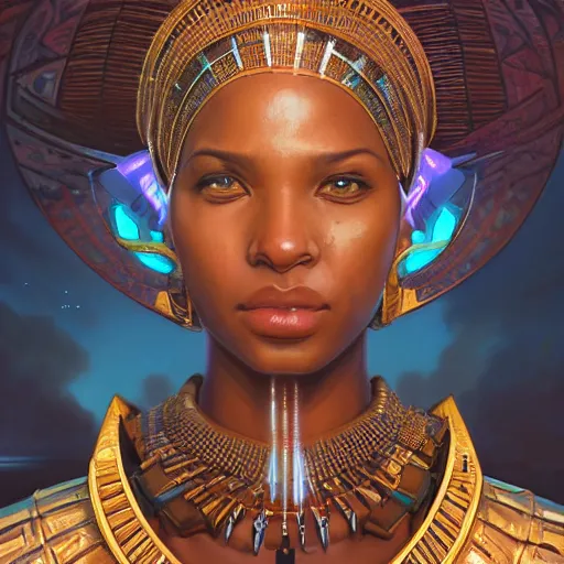 Image similar to highly detailed portrait of an african egyptian goddess, intricate alien technology, stephen bliss, unreal engine, fantasy art by greg rutkowski, loish, rhads, ferdinand knab, makoto shinkai and lois van baarle, ilya kuvshinov, rossdraws, tom bagshaw, global illumination, radiant light, detailed and intricate environment