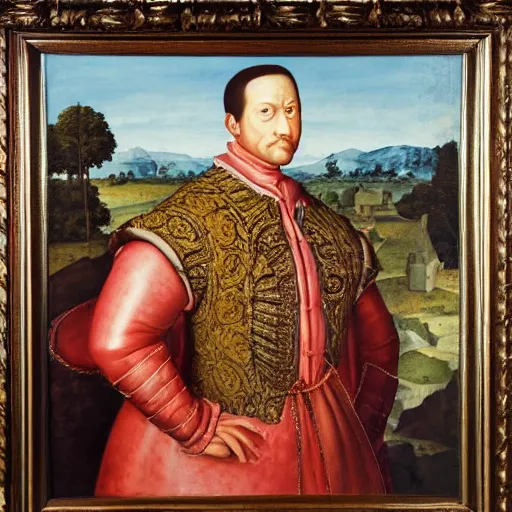 Prompt: Ornate Painting of a renaissance nobleman with a manor house in the background. highly detailed, realistic