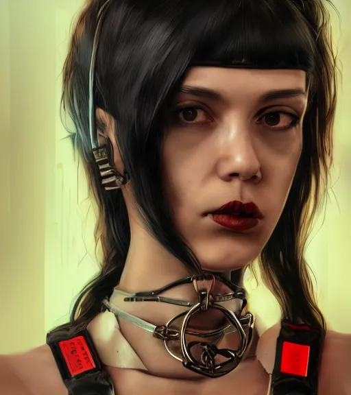 Image similar to detailed realistic female character cyberpunk wearing thick steel collar around neck, realistic, art, beautiful, 4K, collar, choker, collar around neck, punk, artstation, detailed, female, woman, choker, cyberpunk, neon, punk, collar, choker, collar around neck, thick collar, tight around neck, punk,