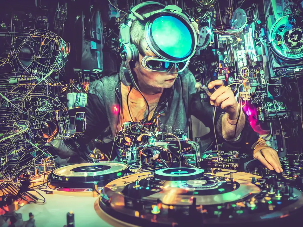 Image similar to a person wearing goggles and visor and headphones using a steampunk record player contraption, wires and tubes, turntablism dj scratching, intricate planetary gears, cinematic, imax, sharp focus, leds, bokeh, iridescent, black light, fog machine, hazy, lasers, hyper color digital art, cyberpunk