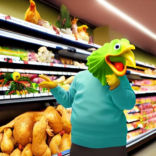 Image similar to anthropomorphic chicken man with chicken arms carefully considering chicken options in grocery store aisle, 8K hyper realistic render,