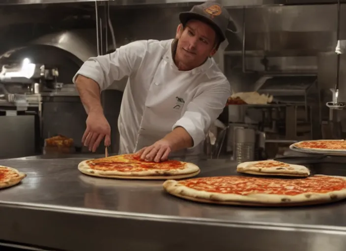 Prompt: film still of a dinosaur working in a pizza parlor making pizza in the new Avengers movie, 4k