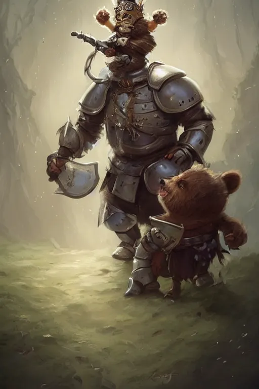 Image similar to cute little anthropomorphic bear knight wearing a cape and a crown, tiny, small, miniature bear, baby animal, short, pale blue armor, cute and adorable, pretty, beautiful, DnD character art portrait, matte fantasy painting, DeviantArt Artstation, by Jason Felix by Steve Argyle by Tyler Jacobson by Peter Mohrbacher, cinematic lighting