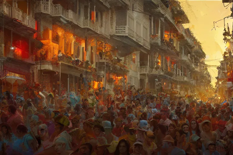 Image similar to carnaval de barranquilla colombia, thorough details, intricate, artstation, atmosphere, highly detailed, craig mullins, james jean, digital painting, deviantart, cinematic lighting, 4 k