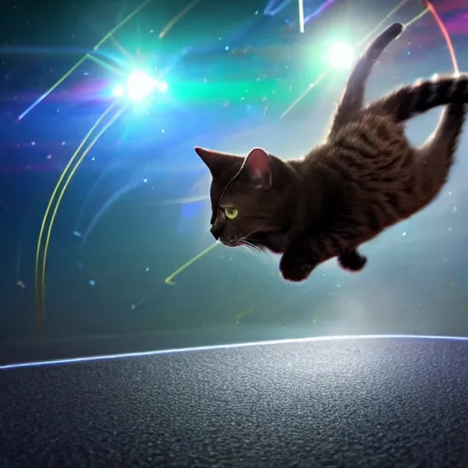 Prompt: a cat flying through space on a hoverboard, space clouds form the word anti behind it, unreal engine 5 render