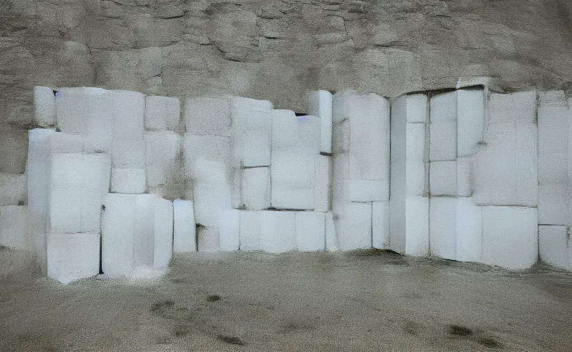 Prompt: color image, five identical large white concrete blocks, infinite empty grassy plain
