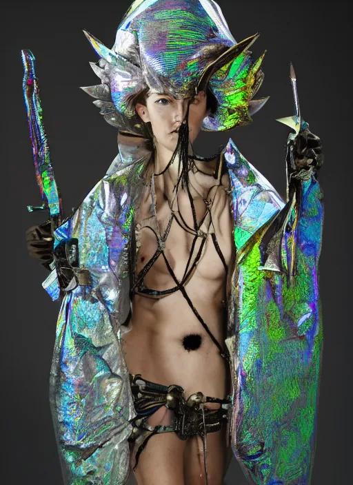 Image similar to a woman with iridescent skin, pirate weapons, by van herpen, iris