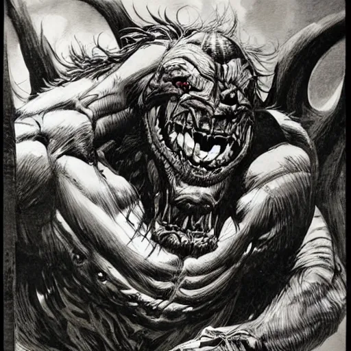 Prompt: hairy, thick muscled, overbearing, hungry, menacing, giant painted by bernie wrightson,