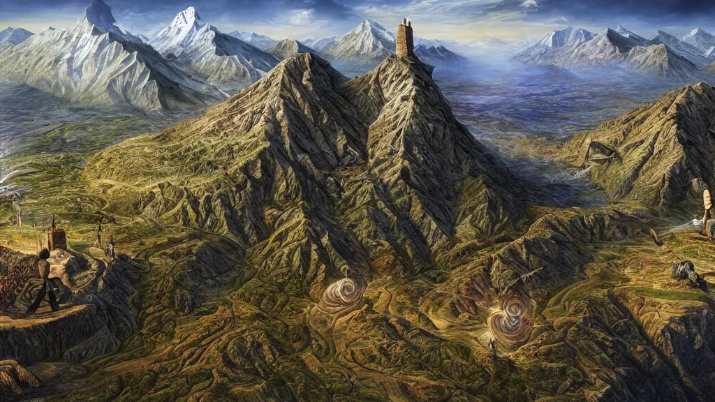 Prompt: surreal map of middle earth in the styles of igor morski, jim warren, and rob gonsalves, intricate, accurate geography, volumetric lighting, serene, imaginative