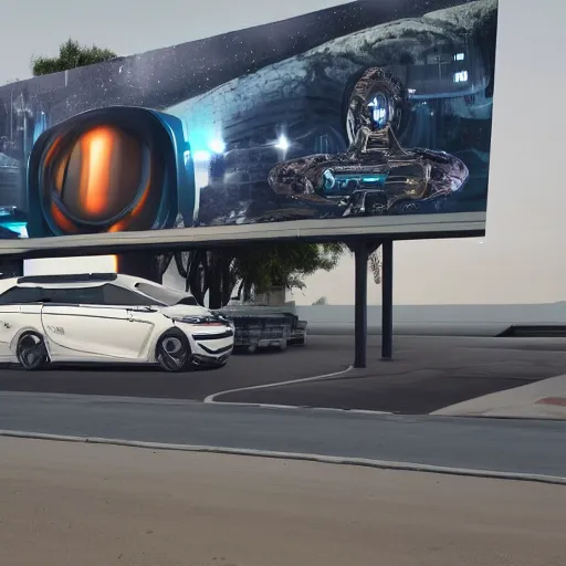 Image similar to sci-fi wall structure logotype and car on the coronation of napoleon painting and digital billboard in the middle, unreal engine 5, keyshot, octane, artstation trending, ultra high detail, ultra realistic, cinematic, 8k, 16k, in style of zaha hadid, in plastic, dark, tilt shift,