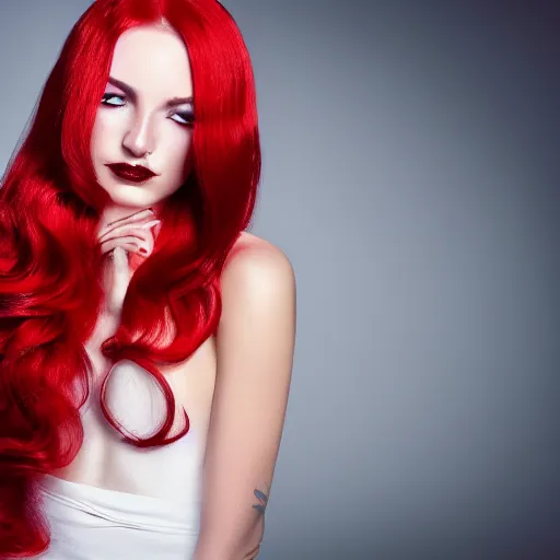 Prompt: Portrait of a young, stunningly beautiful woman with hair color divided into red and white on both sides, award-winning photo, 4k, 8k, studio lighting, Nikon D6, 35mm,