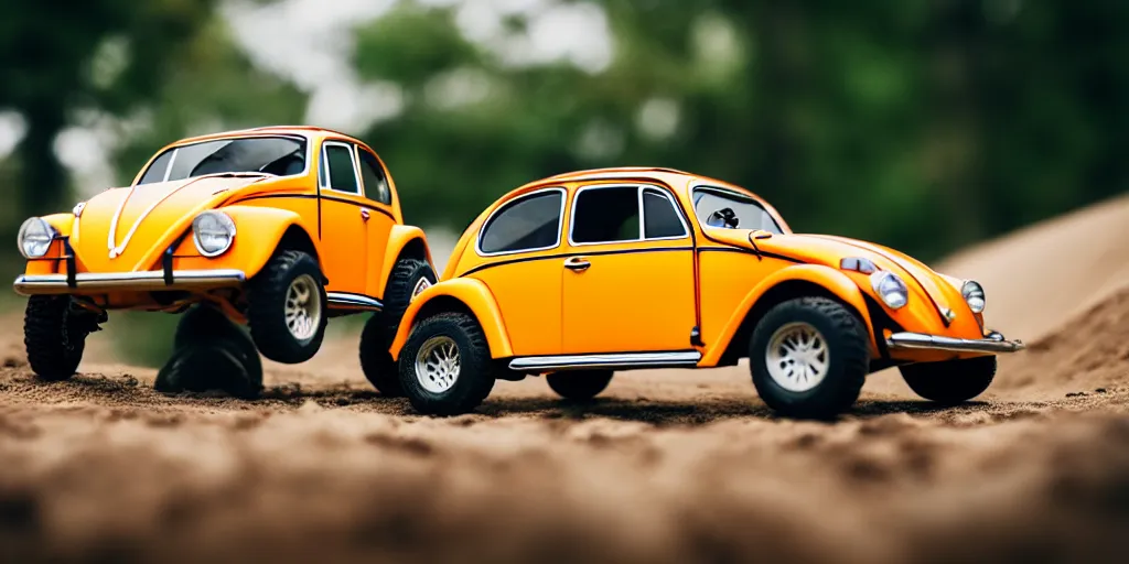 Image similar to Hot Wheels, vw bug baja, cinematic, Maxxis, 8k, depth of field, bokeh.