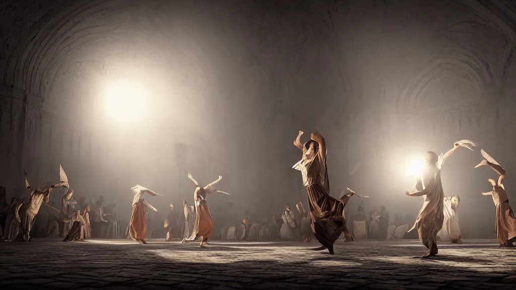 Image similar to tyrkisk sufi dance, sufi, arabic words, bysintine, gothic, 4 k, smokey, michael whelan, peter mohrbache, giovanni paolo panini style epic, volumetric light, insanely detailed, realistic, 8 k, unreal engine render, artstation trends, hyper detail, epic art style, cinematic, concept art, soft white gold lights