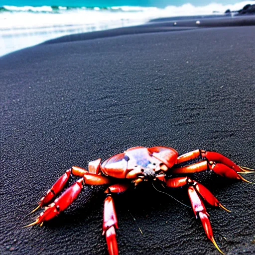 Prompt: crustacean on black sand beach
