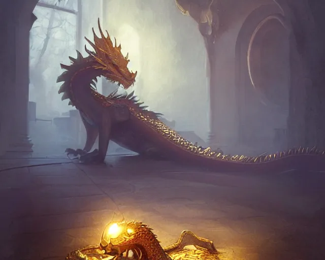 Image similar to dragon sleeping in a room filled with gold coin, gold, treasure. glistening, volumetric light, by greg rutkowski