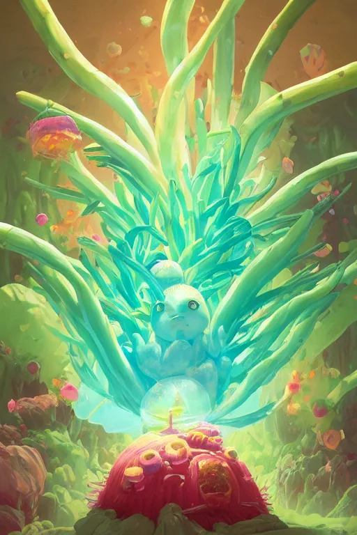 Image similar to roots cactus sushi cristal smurf ghost creature animal sushi cristal very big eye roots cactus elemental flush of force nature micro world fluo fishscale, behance hd by jesper ejsing, by rhads, makoto shinkai and lois van baarle, ilya kuvshinov, rossdraws radiating a glowing aura global illumination ray tracing hdr