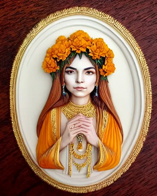 Prompt: beautiful marigold priestess portrait, carved ivory intricate gilding design, artgerm, watercolor, flowers