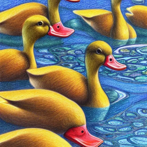 Prompt: Colored pencil art on paper, Ducks swimming in pond, highly detailed, artstation, MasterPiece, Award-Winning, Caran d'Ache Luminance