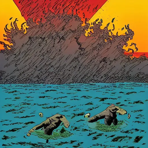 Prompt: monsoon season in Darwin NT, by Frank Miller and Richard Corben