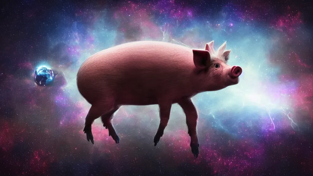 Prompt: pig spider hybrid on a planet. close bottom view. whole body. nebula background. cinematic composition. cinematic lightning. ultra realistic. 8 k. highly detailled. deep space. ultra realistic details. cinematic atmosphere. studio lighting. shadows. dark background.