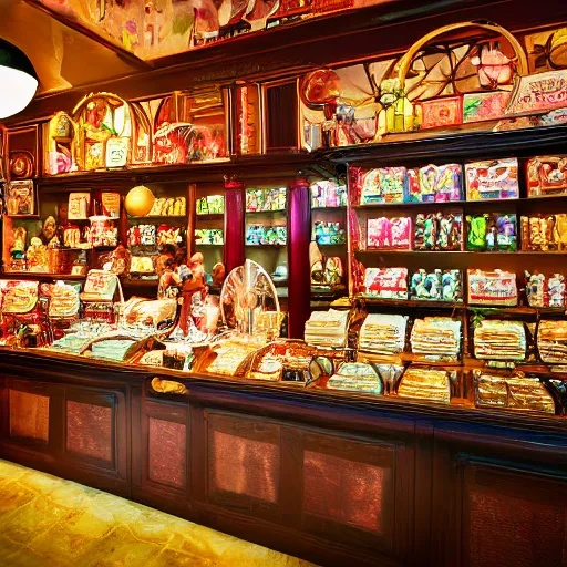 Image similar to Inside a magical old fashioned sweet shop, fantasy vendor interior, wide angle, cinematic shot, highly detailed, cinematic lighting , photo-realistic