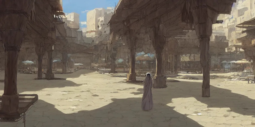 Prompt: an empty arabian marketplace with no people in biblical times by makoto shinkai