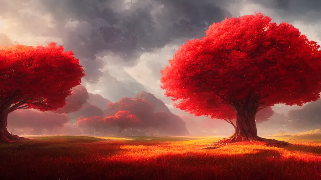 Image similar to giant red tree overarching green plains, view from the ground, waves of energy, by sylvain sarrailh, rossdraws, ambient light, ultra detailed, fantasy artwork, 8 k, volumetric lighting, trending on artstation, award winning, very beautiful.