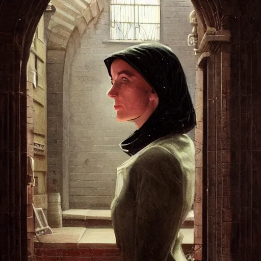 Image similar to detailed face of an intelligent cloaked scholarly woman with kind eyes in a architectonic victorian courtyard at a science expo, atmospheric, ambient, pj crook, syd mead, livia prima, artgerm, greg rutkowski, nick alm, casey baugh