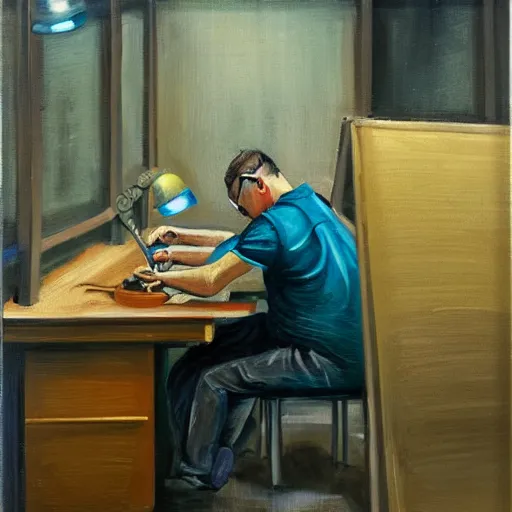 Image similar to viktor orban soldering in a cubicle, oil painting