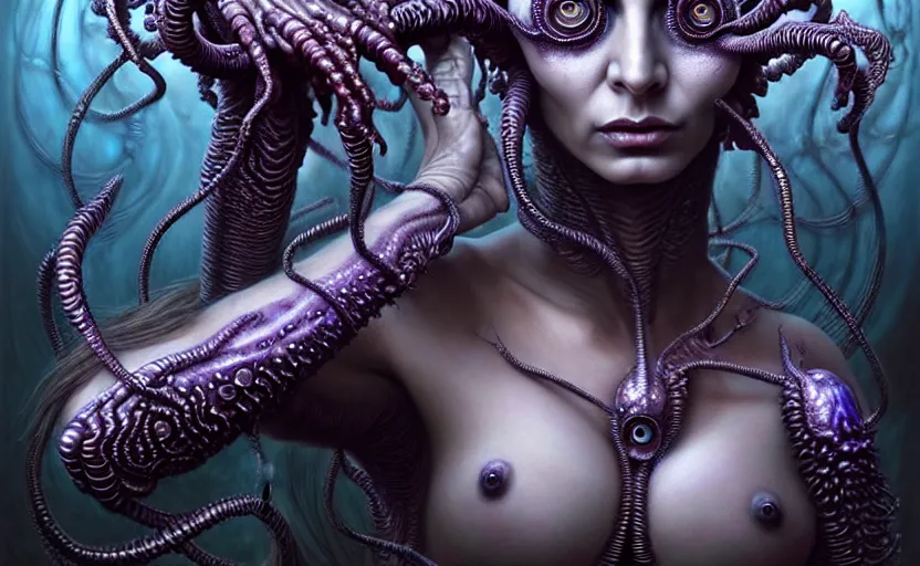 Image similar to A beautiful detailed alien goddess woman with 6 arms super dark tarot card, gorgeous model face by Stanley Artgerm, by tomasz alen kopera and Justin Gerard, 4 eyes, beautiful symmetrical features, ominous, magical realism, melting, texture, intricate, ornate, royally decorated, melting, whirling smoke, embers, purple adornments, blue torn fabric, radiant colors, fantasy, trending on artstation, volumetric lighting, micro details, 3d sculpture, ray tracing, 8k, anaglyph effect