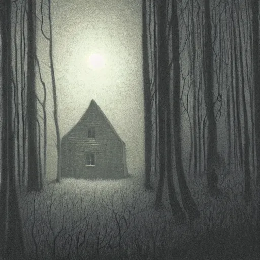 Prompt: a illustration of a eerie cabin in the middle of the woods in the style of beksinski