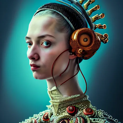 Image similar to Colour Caravaggio style Photography of Highly detailed beautiful Woman with 1000 years perfect face and wearing detailed Ukrainian folk costume designed by Taras Shevchenko also wearing highly detailed retrofuturistic sci-fi Neural interface designed by Josan Gonzalez. Many details In style of Josan Gonzalez and Mike Winkelmann and andgreg rutkowski and alphonse muchaand and Caspar David Friedrich and Stephen Hickman and James Gurney and Hiromasa Ogura. Rendered in Blender and Octane Render volumetric natural light