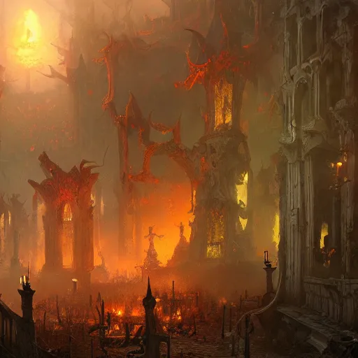 Prompt: carneval in hell, environment, demons, by Greg Rutkowski and Thomas Kinkade